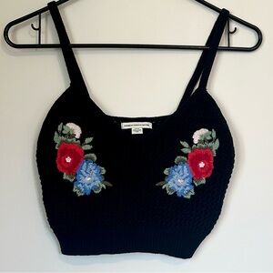 American Eagle Outfitters Black Crochet Cropped Tank Top Floral Embroidery - S
